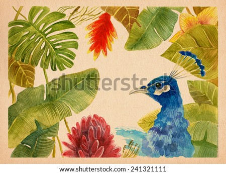 Peacock in plants and leafs watercolor graphic illustration on craft paper  Vintage antique fashion background with birds, blue peacocks on craft wallpaper,  summer and spring theme for design