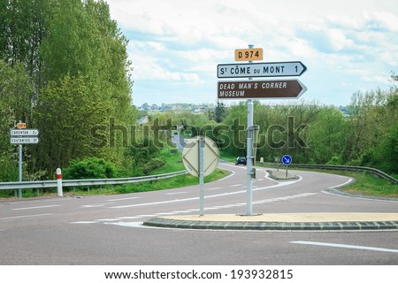 ST COME DU MONT, NORMANDY, FRANCE - MAY 2: The road intersection on 2 May 2008  at Saint-Come-du-Mont and Carentan, Normandy, France.  This is the site of an important battle during D-Day