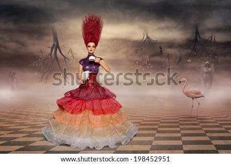 Alice in wonderland wearing prom dress and brewing tea