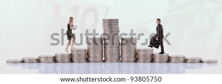 Man and woman climbing money stairs
