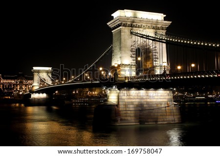 The SzÃ?Â©chenyi Chain Bridge over Danube river in Budapest, Hungary - World famous Chain Bridge in Eastern Europe  by night