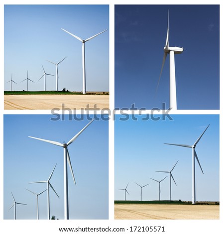Wind generators in a row collage - Renewable Energy Sources as collection of photos