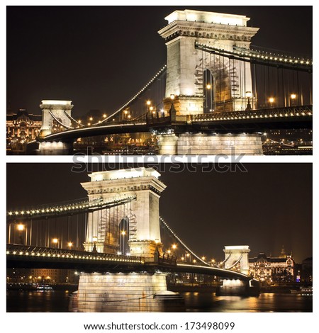 The Szechenyi Chain Bridge over Danube river in Budapest, Hungary set - World famous Chain Bridge by night collection