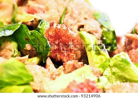 Tuna fish salad macro food background - Healthy juicy food background of vegetables and fish