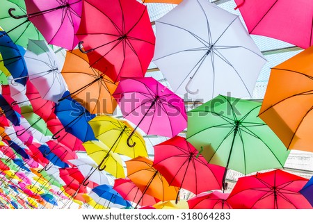 NAGASAKI, JAPAN - August 19, 2015 :Umbrella road. Huis Ten Bosch is a theme park in Sasebo, Nagasaki, Japan, which recreates the Netherlands by displaying real size copies of old Dutch buildings.