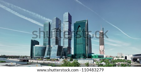 Futuristic Buildings In Moscow City. Front View To High Modern Skyscrapers.