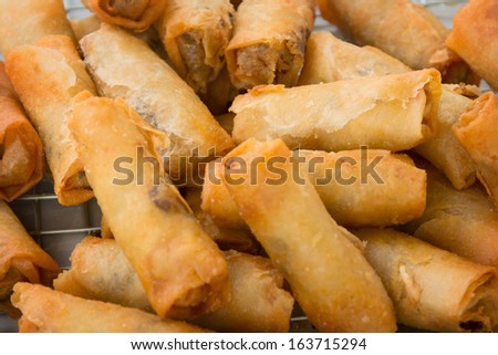 Spring rolls on open market close up