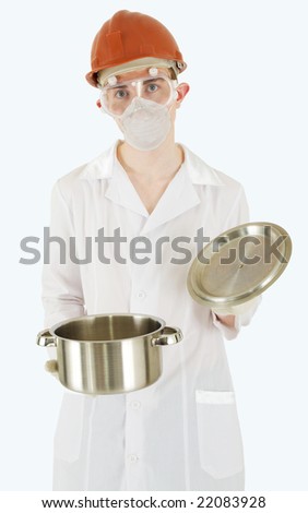 Scientist with saucepan in hands with surprised by facial expression