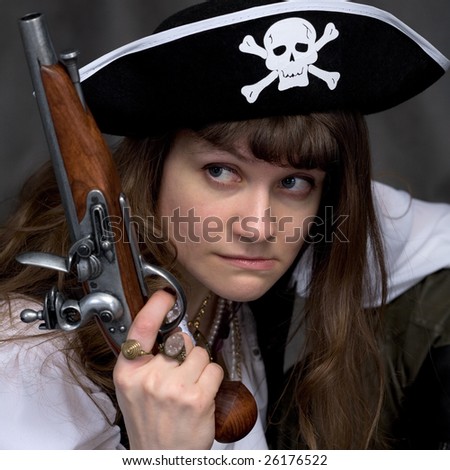 Girl - pirate on black with pistol in hand