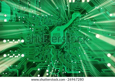 Tech industrial electronic green background with shaft of light