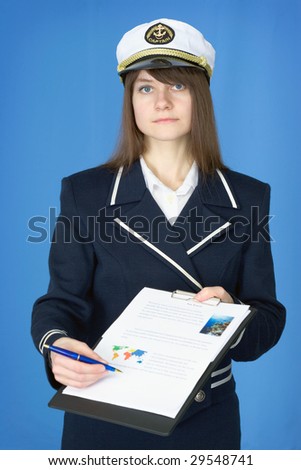 Girl in sea uniform with tablet and pen