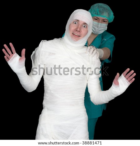 Funny sick in bandage and nurse 