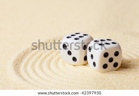 Playing dices on sand in Japanese rock garden