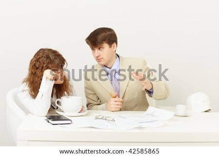 The businessman explains to the missing tired girl drinking many coffee