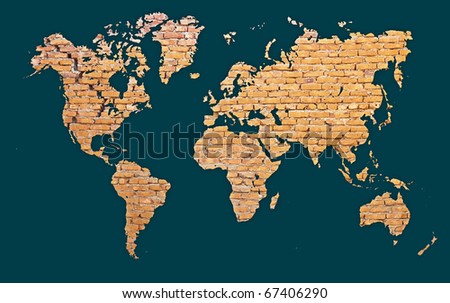 World map with continents made of red brick - abstract background