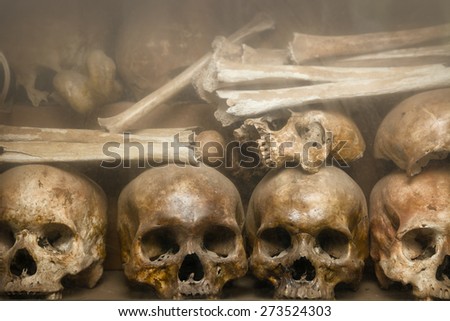 Human bones and skulls, arranged and displayed on a shelf at Tuol Sleng Genocide Museum, the site of a former concentration camp and execution center in Cambodia.