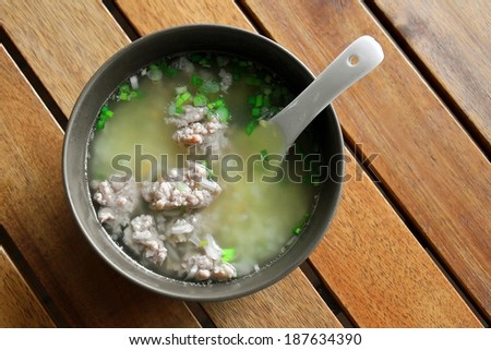 Asian Thai style breakfast soft boiled rice, rice soup