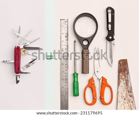 Swiss knife and many tools. Concept all in one, teamwork, multipurpose. (Color Zone)