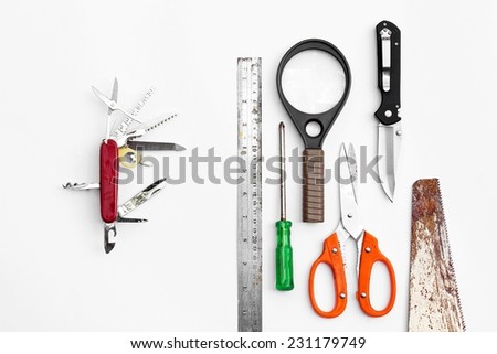 Swiss knife and many tools. Concept all in one, teamwork, multipurpose.