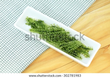 Seaweed Salad, Healthy sea food in the dish. Oval sea grapes seaweed. Healthy Food.