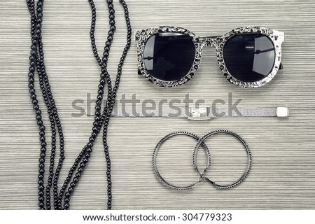 Women accessories, Still life of fashion woman. Overhead of essentials fashion woman objects. (Vintage Style Color)