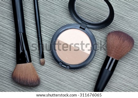 A bunch of make-up brushes and Cosmetics, Set of makeup brush and contour palette, Women accessories.