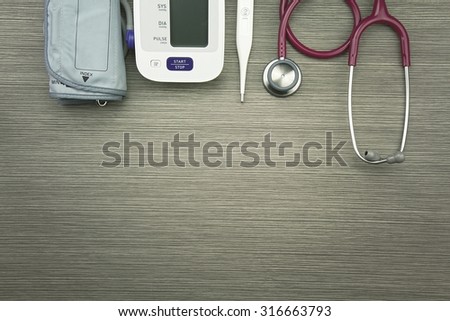 Medical equipment, Chek up equipment, Examining equipment, Thermometer, Stethoscope, Digital Blood Pressure Monitor. (Vintage Style Color)