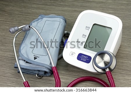 Medical equipment, Chek up equipment, Examining equipment, Stethoscope, Digital Blood Pressure Monitor.
