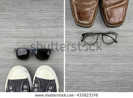 Different Style of men fashion, Compare of formal and casual men fashion style, Sneakers, Leather Shoes, Sunglasses, Nerd Glasses. (Color Process)
