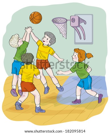 Children, schoolchildren: three boys and one girl play basketball. Illustration done in cartoon style.