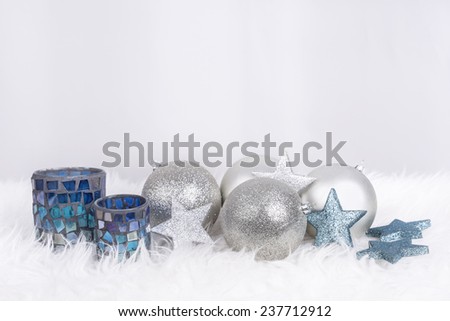 Christmas decoration with lamp and balls in silver color and with space for wishes