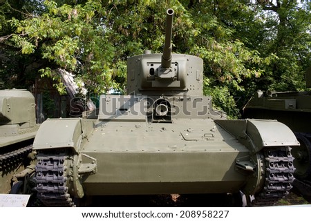 Moscow, Russia - July 13, 2012. Soviet historical Light tank T-26 in the Central Museum of the armed forces, front view