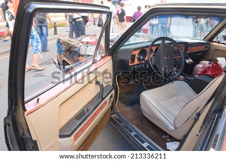 MOSCOW, RUSSIA - July 26, 2014 : Soviet car Chaika GAZ-14 retro rally Gorkyclassic, GUM, Moscow, view of the driver\'s seat