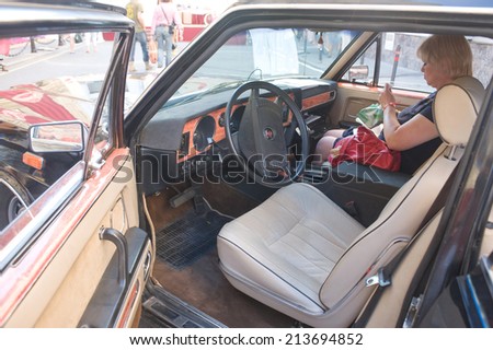 MOSCOW, RUSSIA - July 26, 2014 : Soviet retro car GAZ-14 retro rally Gorkyclassic, near Gum, Moscow, view of the driver\'s seat