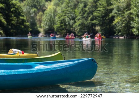 Group of People Canoeing and Kayaking on River and Lake in Forest