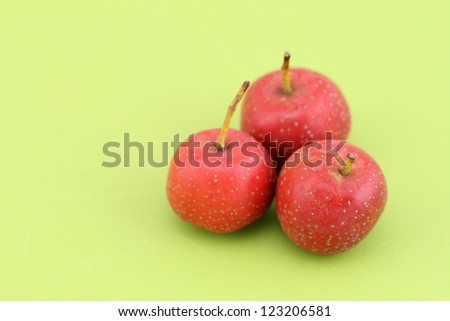 marco image of matured red hawthorn against green background in Christmas color composition