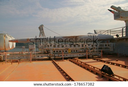 SHENZHEN, CHINA - NOVEMBER 2, 2012:  Supersonic cruise missile P-1000 Vulkan on the first deck of former Soviet aircraft carrier Minsk, CITIC park, Shenzhen, China