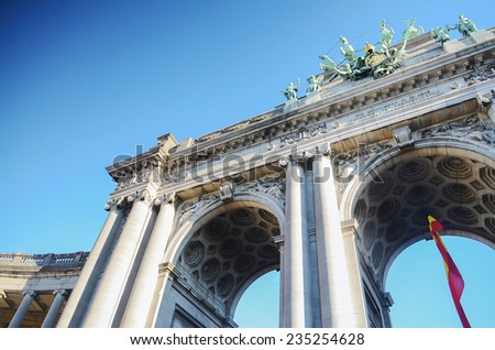 The Triumphal Arch in Cinquantenaire Parc in Brussels,one of architectural symbols of Belgium.
