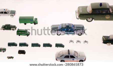 Stuttgart, Germany -15 June, 2014: mini Police car, scale model vehicle at the Mercedes-Benz automobile Museum. White background