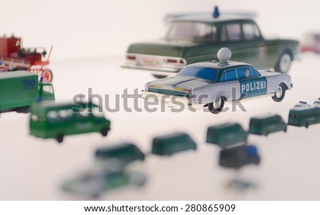 Stuttgart, Germany -15 June, 2014: mini Police car, scale model vehicle at the Mercedes-Benz Museum. White background