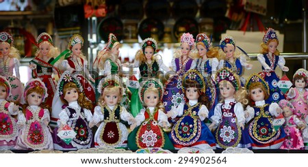 Budapest, Hungary- 27 June, 2014: Traditional magyar dolls puppets in folk costume(traditional Hungarian clothing) in Budapest Great Market. A great variety of dolls are sold at the old quarters.