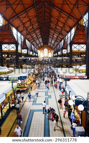 Budapest, Hungary- 27 June, 2014 : People shopping in Great Market Hall. Great Market Hall is the largest indoor market in Budapest, it was built in 1896. sell traditional food and souvenir,handicraft