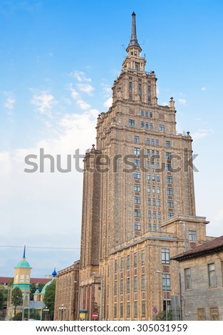 Riga, Latvia - August 10, 2014 - Building of Latvian Academy of Sciences(1958), Riga, Latvia. Was founded as the Latvian SSR Academy of Sciences.. Example of Stalinist architecture.