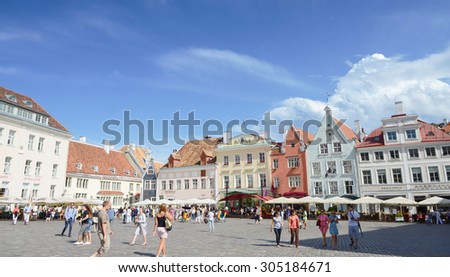 Tallinn, Estonia -Medieval Town Hall and Town Hall Square in Tallinn, Architecture on the City Hall square in the Historical Centre of Tallinn, Estonia. It\'s part of the UNESCO World Heritage site
