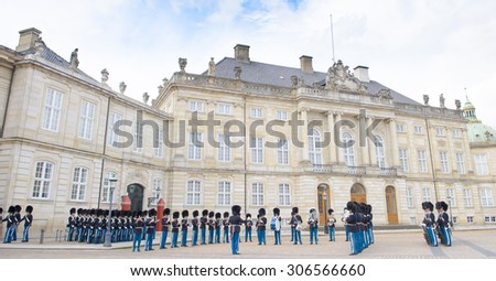 Copenhagen, Denmark - August 25, 2014 - Royal Guard in Amalienborg Castle in Copenhagen in Denmark