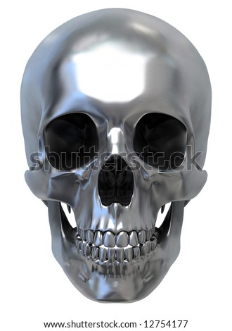 stock photo 3d render of Metallic Skull front view