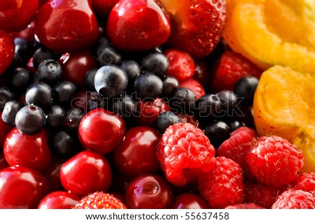 group of cherries, strawberry, apricot, blueberries