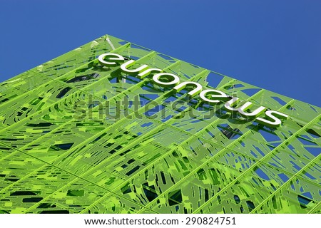 Lyon, France - June 2, 2015: Euronews is a multilingual news television channel, headquartered in Lyon-Confluence. Created in 1993, it aims to cover world news from a pan-European perspective.