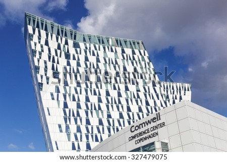 Copenhagen, Denmark - October 11, 2015: The Bella Sky Marriot Hotel is a 4-star conference hotel adjacent to the Bella Convention and Congress Center in the Orestad district of Copenhagen, Denmark.