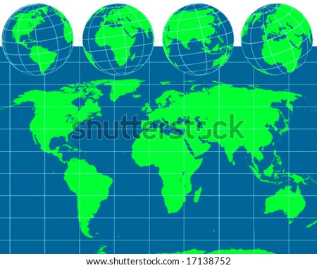 stock vector : Detailed vector world outline map with globes for America's, 